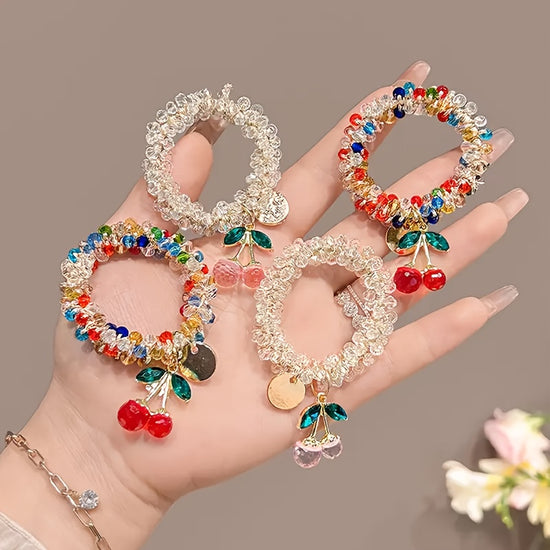 12pcs of New Colorful HighEnd Crystal Hair Ties with High Elasticity Cherry Bracelet DualUse Rhinestone Rubber Bands