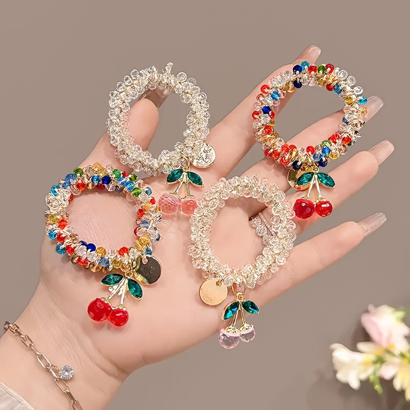 12pcs of New Colorful HighEnd Crystal Hair Ties with High Elasticity Cherry Bracelet DualUse Rhinestone Rubber Bands